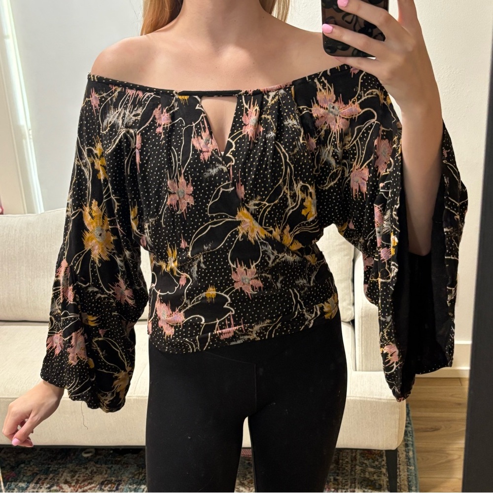 Free People Last Time Floral Printed Draped Bell-Sleeve Top